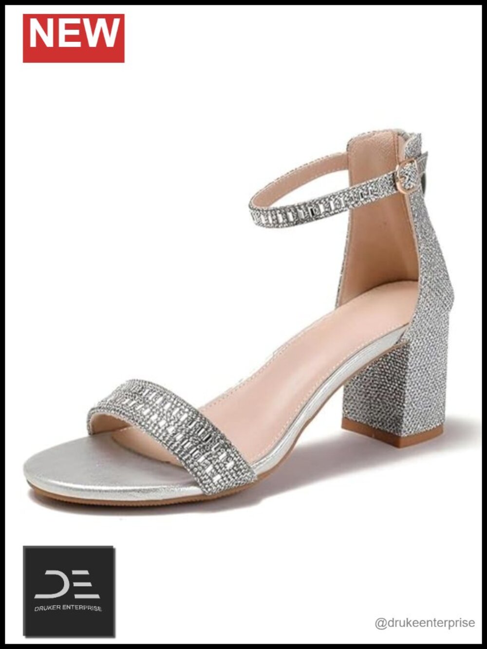 Chunky Heel Sandals Rhinestone Ankle Strap Open Toe Dressy Sparkly Party